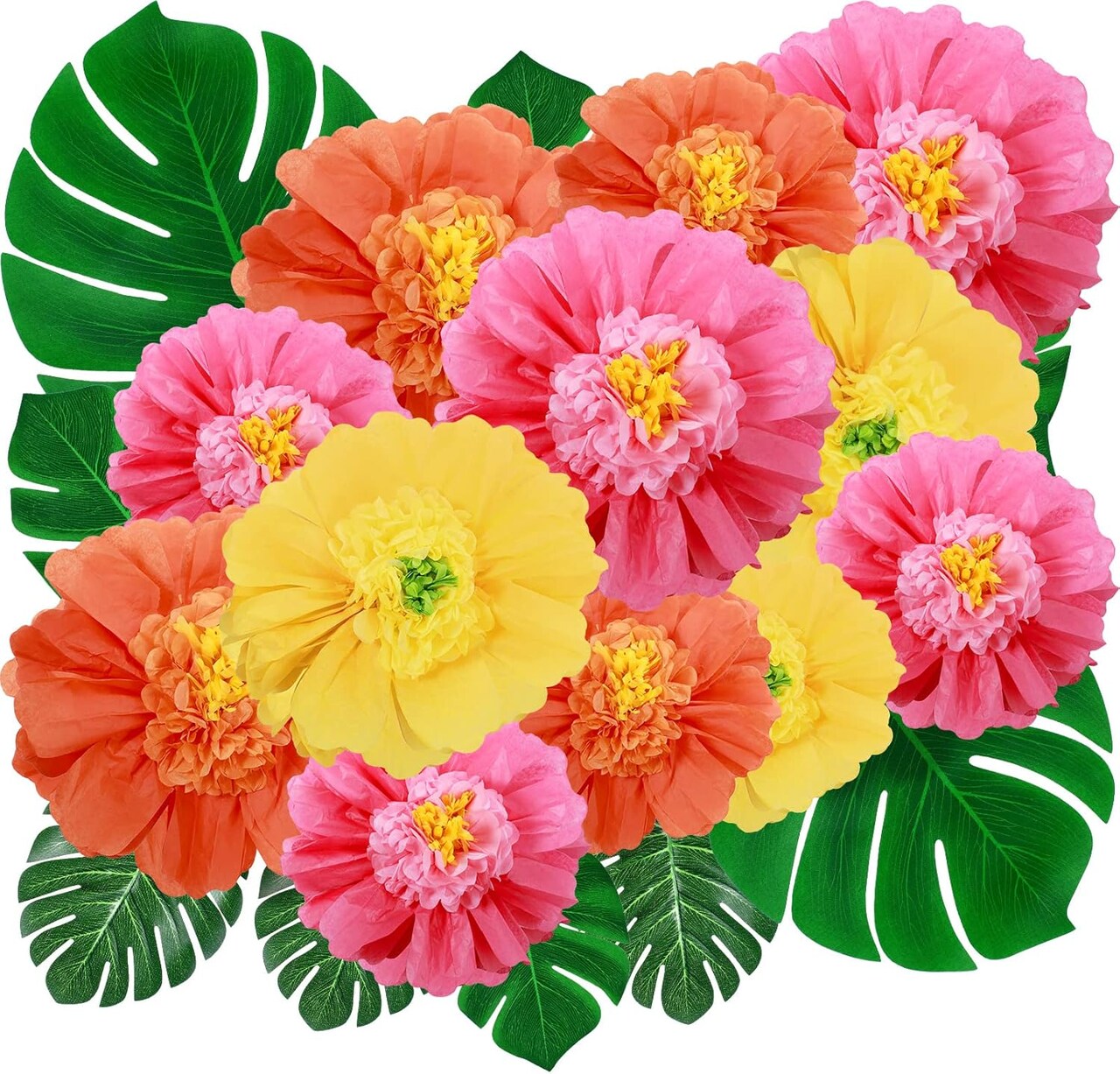 80 Pack Tropical Party Decorations Supplies Large Tissue Paper Hibiscus Flowers Faux Palm Leaves Set for Hawaiian Luau, Safari, Mexican Fiesta, Birthday Parties